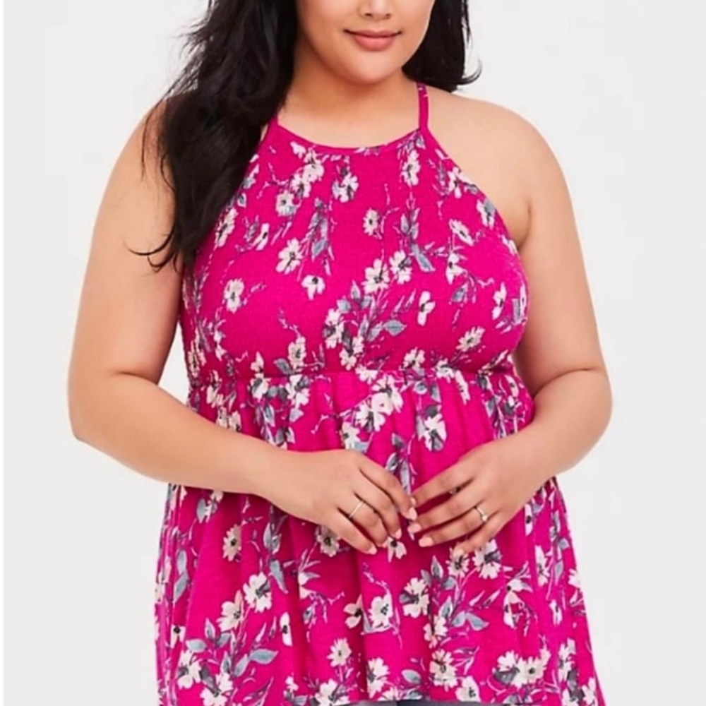 BNWT TORRID 2 SUPER SOFT PINK FLORAL BABYDOLL SMOCKED HIGH NECK SLEEVELESS TOP